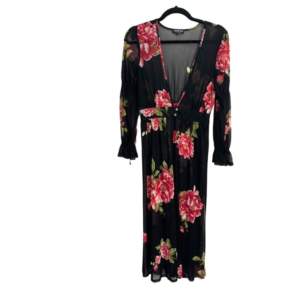 Fashion Nova Swim Coverup Sheer Long Sleeve Maxi Slit Pink‎ Floral S Romantic